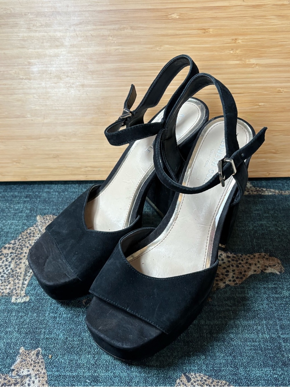 Kenneth Cole Black Suede Platform Peep-Toe Heels with Ankle Strap